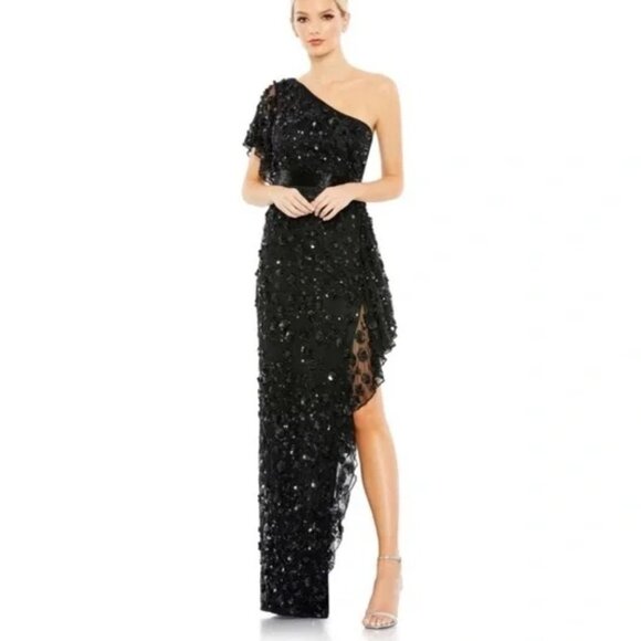 NEW NWT | Mac Duggal 93687 Black One Shoulder Asymmetrical Beaded Sequin Dress 4 - Picture 2 of 7